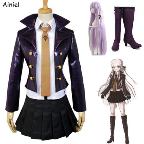 Women Girls Anime Danganronpa Cosplay Kirigiri Kyouko Costumes Uniform Wigs Dangan Ronpa Shirt Skirt Coat Shoes Halloween Outfit