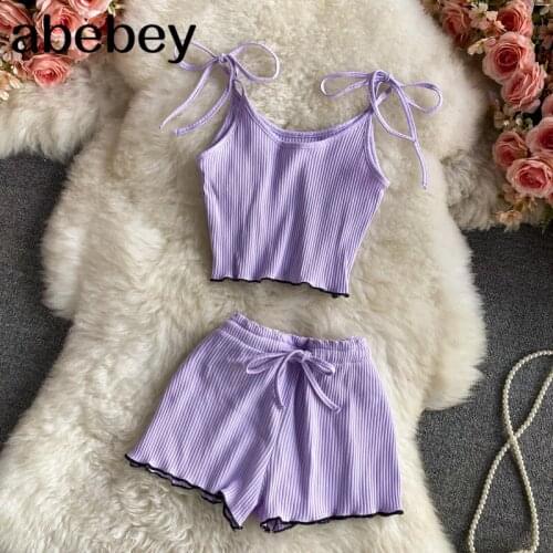 Women Summer Korean Casual Suit Sexy Sleeveless Strap Short Tops+High Waist Split Wide Leg short Pants Two Piece Set