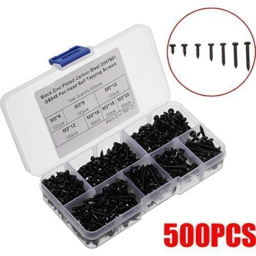 500pcs/set M3 Screw Wood Screws Counter Sunk Round Head Self Tapping Screws with Cross Recessed Carbon Steel Screws