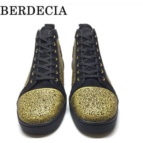 Berdecia Shiny Crystal Bling Men Shoes Lace Up Patchwork Leisure Style High Top Flock Wedding Party Chaussures Male Sneakers