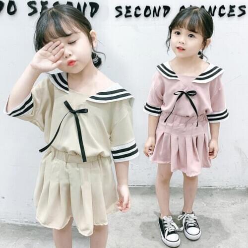 DFXD 2020 Summer Girls Clothes Set Chiffon Suit Navy Collar Half Sleeve Tops Tutu Skirt 2pc Toddler Skirt Sets For 2-7T Outfit