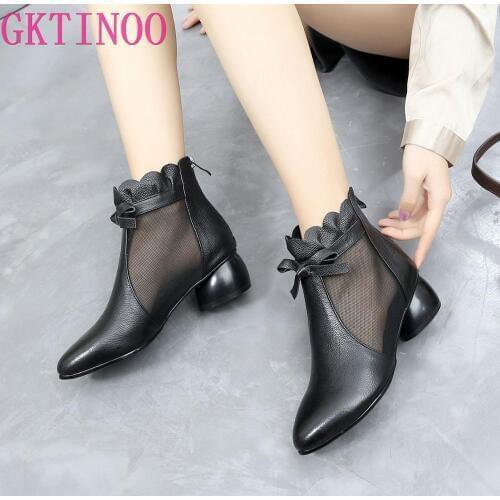 GKTINOO 2020 NEW Mesh Sandals Boots Women Ankle Boot for Summer Mid Heel Genuine Leather Ponited toe Shoes Hollow out Back Zip