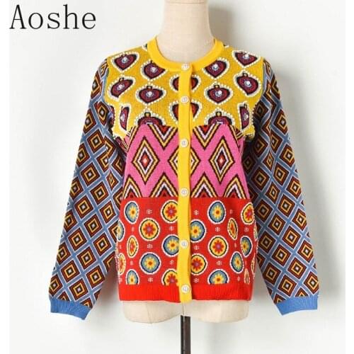 Vintage Womens Cardigan 2020 Fall Contrast Geometric Heart Jacquard Knit Sweater Coat O-neck Single Breasted Cardigan