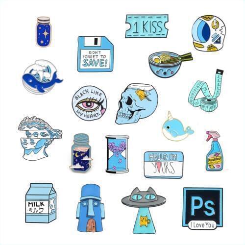 Cartoon Blue enamel brooch animal cat fish PS alloy badge movie ticket Post-it notes hourglass milk pin Fashion clothes jewelry