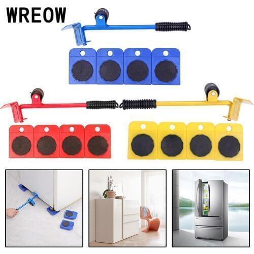 5pcs Furniture Mover Tool Set Hand Tool Furniture Transport Lifter Heavy Stuffs Moving Tools 4 Wheeled Mover Roller+1 Wheel Bar