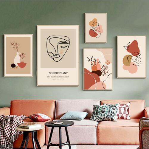 Wall Art Canvas Painting Abstract Drew Line Face Girl Tree Leaves Nordic Posters And Prints Wall Pictures For Living Room Decor