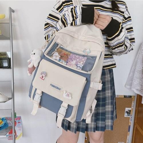 New Women Cute Badge Backpack High Capacity Female Harajuku College Lady Kawaii Cartoons Backpack Fashion Book Girl Bag Student