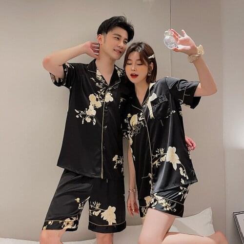 Womens Pajamas Summer Artificial Ice Silk Luxury Style Black Golden Flower Print Sleepwear Home Clothes Couple Set Nightwear
