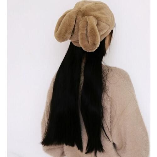 Rabbit Fur Plush Caps Winter Cartoon Animals Ears Outdoor Students Girls Japanese Style Simple Pure Color All-Match Fashion Caps