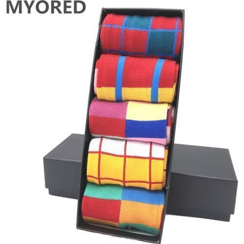 MYORED drop shipping latest fashion mens high quality long business casual combed cotton sqaure pattern gift socks for man