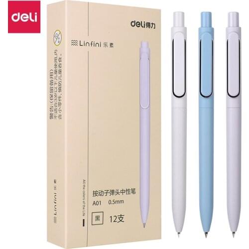 Deli 12 Pcs/Pack Retractable Gel Pen 0.5mm Press Black Ink Pen Creative Stationery Student Pens School and Office Supplies