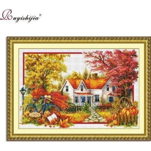 RUYISHIJIA Cross stitch kit with printed pattern Four Seasons Autumn Scenery embroidery Decorations Needlework DIY 11CT Printing