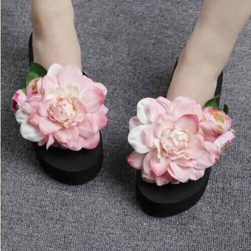 Handmade Pearls Rhinestones 2019 Wedges High Heeled Platform Slippers Ladies Flip Flop Beach Shoes