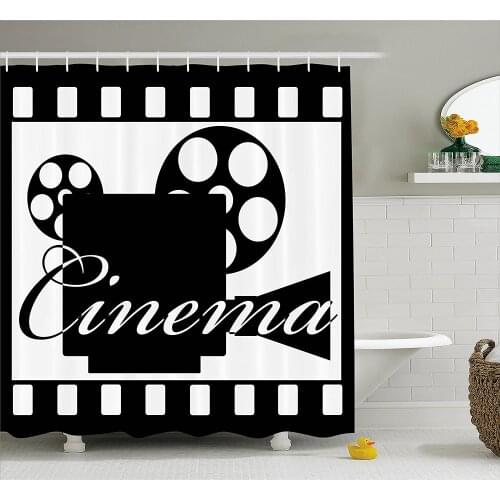 Movie Theater Shower Curtain Monochrome Cinema Projector Inside a Strip Frame Abstract Geometric Home Decor Bath Curtains