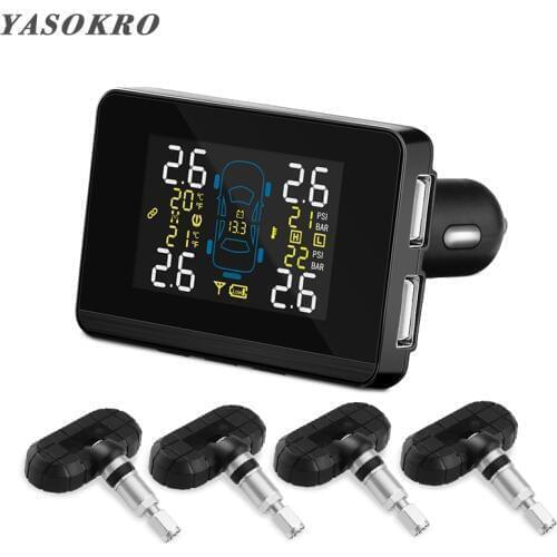 Car TPMS Tire Pressure Monitoring System Cigarette Lighter Digital LCD Display Auto Security Alarm System with 4 Internal Sensor