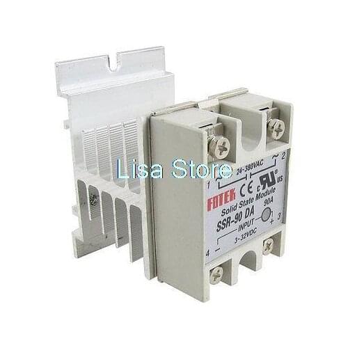 SSR-90DA DC-AC 3-32V DC Input 24-380V AC Output 90A SSR Solid State Relay w Heat Sink