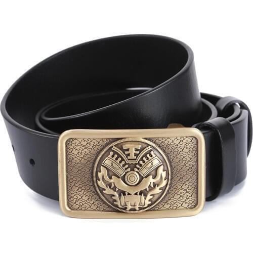 Ta-weo Casual Retro Men Genuine Leather Belts Men, Stylizing Mythical Wild Animal Pure Copper Smooth Buckle Belt, 1.5'' Wide