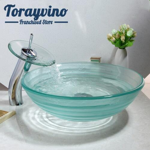 Torayvino Bathroom Sink faucet set Waterfall Chrome Polished Faucets Water Round Transparent Tempered Glass Vessel Sink