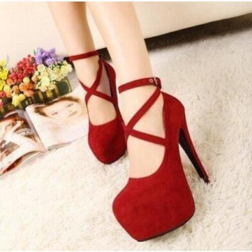 Hot Shoes Woman Pumps Cross-tied Ankle Strap Wedding Party Shoes Platform dress Women Shoes High Heels Suede ladies shoes Big 42