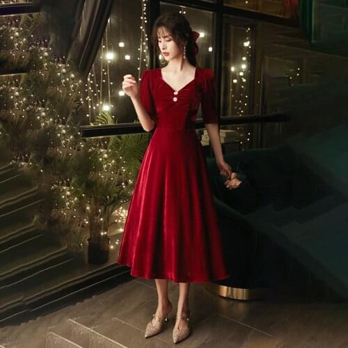 Special Occasion Dresses Vintage V-Neck Short Pearls Pleat Knee-Length A-Line Zipper Luxury Burgundy Elegant Lady Prom Gown E879