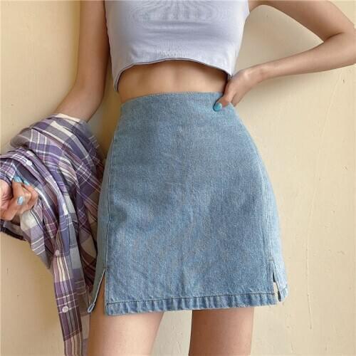 Summer New Womens Denim Skirts Vintage High Waist Thin A-line Midi Skirt Student Casual Split Short Skirt