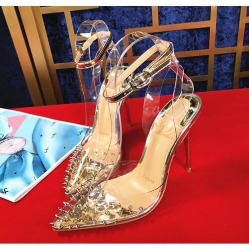 2020 rivet pointed toe sandals autumn high heels transparent plastic word belt hollow stiletto high heel women sandals