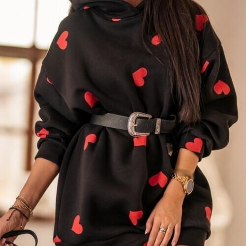 Printed Heart Long Sleeve Womens Hoodie Loose Fashion Female Hoodies 2021 New Spring Streetwear Korean Lady Hooded Sweatshirt