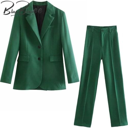 BlingBlingee 2021 Summer Autumn OL Style Women Suits Casual Long Blazers and Straight Pants Outfits Female Green 2 Piece Sets