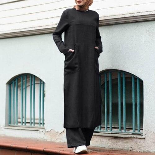 ZANZEA Women Muslim Fashion Islamic Suits 2021 Solid Crew Neck Plain Blouse Fashion Wide Legs Casual Outwear Holiday Long Sets