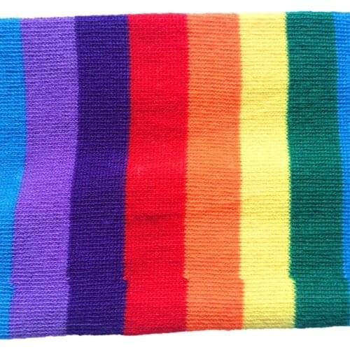 Women Rainbow Colorful Striped Thigh High Socks Arm Warmers Set Knitted Over Knee Stockings Fingerless Long Gloves Mittens
