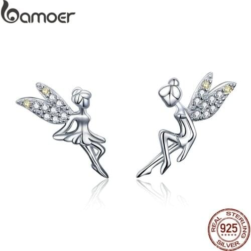 BAMOER Romantic Genuine 925 Sterling Silver Cute Fairy Elevs Exquisite Stud Earrings for Women Luxury Jewelry Making BSE046