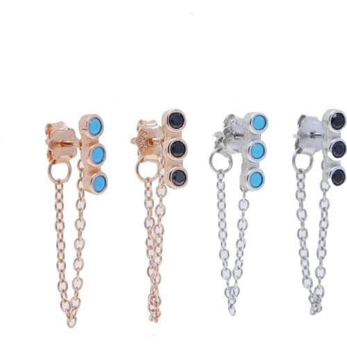 Promotion Clearance Price 100% 925 Sterling Silver Simple Black Blue CZ Bar Tassel Chain Multi Piercing Women Earring