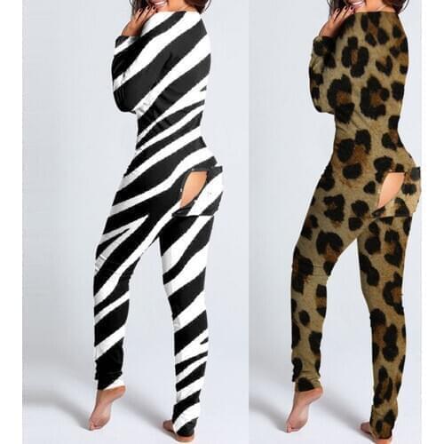 Leopard Prinitng Romper For Women 2021 Elegant Button Long Sleeve Jumpsuit Long Winter Causal Onesies Pajamas
