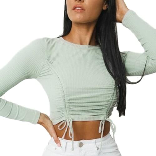 Womens Rib Knit Crop Top Sexy Long Sleeve Ruched Self Tie Front Drawstring Slim Fit Tee Shirt Womens Tanks Fashion Summer Cami