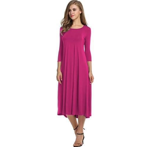 Plus size Solid 3/4 Sleeve Womens Dress Casual Spring Pleated Maxi Dresses Elegant Simple Pocket Femlae Dress Vestidos