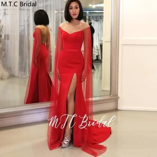 New Design 2020 Red Long Sleeves Evening Dress Elegant Backless High Slit Mermaid Formal Dress For Women Robe De Soiree