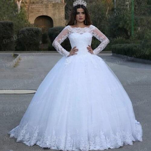 White Vintage Lace Appliques Long Sleeves Cheap Wedding Dresses Ball Gown Wedding Gowns Bridal Dress robe de soiree 2021