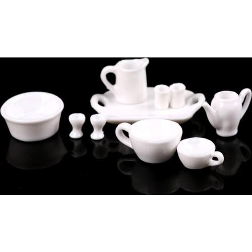 10pcs/set 1:12 Porcelain Tableware Teapot Coffee Cups Saucer Tray Plate Tea Set Pot Kitchen Decor Dollhouse Miniature