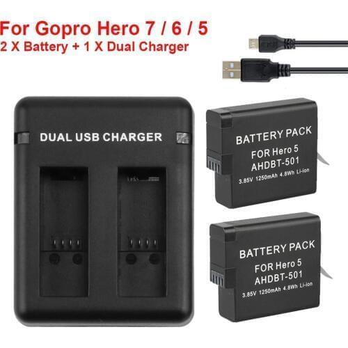 2Pcs x 1250mAh AHDBT-501 Battery + 1 x Dual Wall charger for GoPro Hero 7 6 5 Black Camera for Go Pro 7 Action Camera Accessory