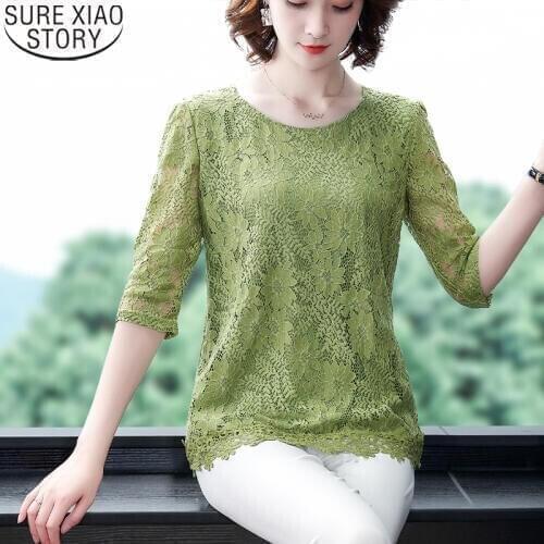 2021 Summer New Fashion Plus Size Loose Blouse Casual Hollow Out Tops Women Lace Long Shirt Three-Quarter Sleeve Blouse 10283