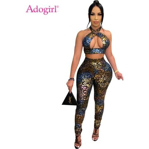 Adogirl Women Fashion Sexy Print Two Piece Set Crisscross Halter Crop Top Pencil Pants Night Club Suits Clothing