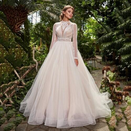 Thinyfull Princess Long Sleeve Ball Gown Wedding Dresses O Neck Court Train Bridal Gown Lace Appliques Tulle Vestido De Novia