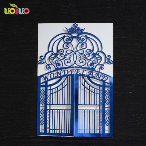 Free shipping 50set inc199 metallic blue gate Wedding Invitations Cards Custom Laser Cut crown Printable Customizable seat card
