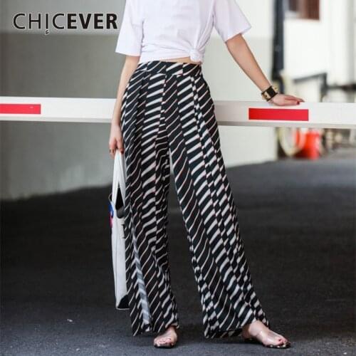 CHICEVER Patchwork Hit Color Striped Trousers For Women High Waist Side Split Wide Leg Pants Female 2020 Spring Fashion New