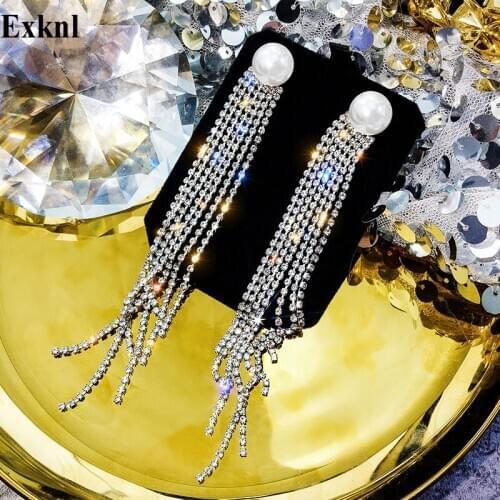 Exknl Long Fashion Drop Earring for Women Shiny Female Party Boho Simulated Pearl Tassel Dangle Earring Wedding Jewelry 2020