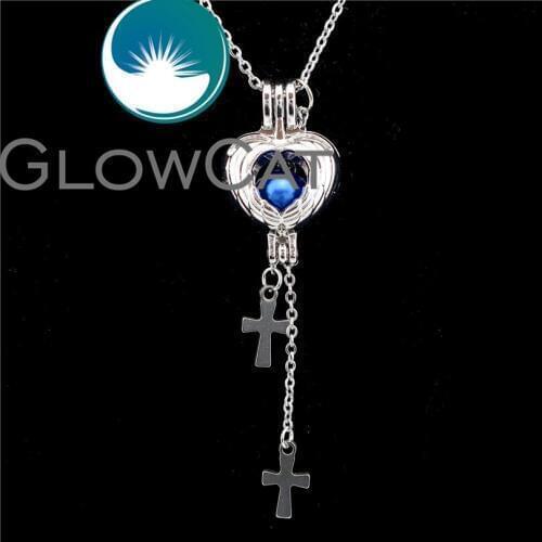 GLOWCAT KS537 Cross Tassel Feather Wing Heart Beads Cage Essential Oil Diffuser Oyster Pearl Cage Locket Necklace