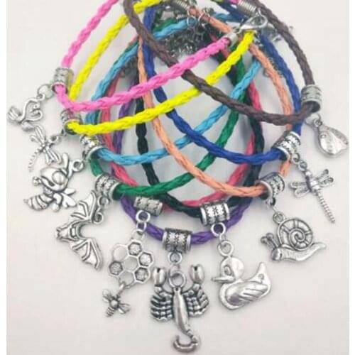 Hot Vintage Bee Hive Bat Dragonfly Duck Swan ladybug Snail Charm Pendant Leather Cord Bracelets New Fashion Jewelry Gift