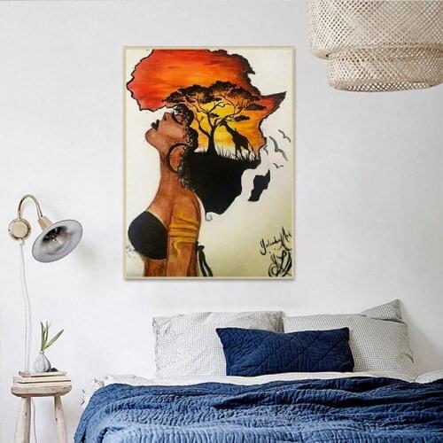African Woman and Sunset Landscape Canvas Painting Wall Art Nordic Posters and Prints Wall Pictures for Living Room Decoration