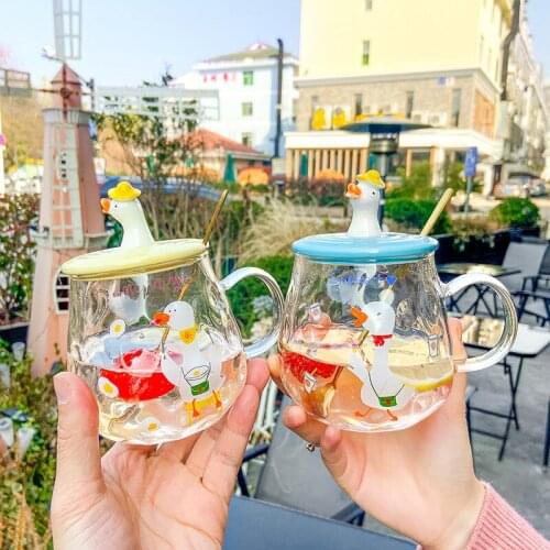 Creativity Ducks Glsaa Coffee Mugs Cartoon Tea Cup With Lid And Spoon For Girls Milk Hot Cold Water Cute Animal Mark Cup Gifts