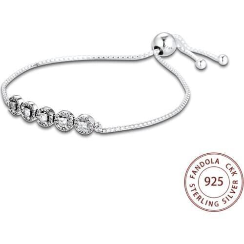 Round Sparkling Slider Bracelet Argent 925 Sterling Silver Link Chain Bracelets for Women Fashion Jewelry pulseira feminina